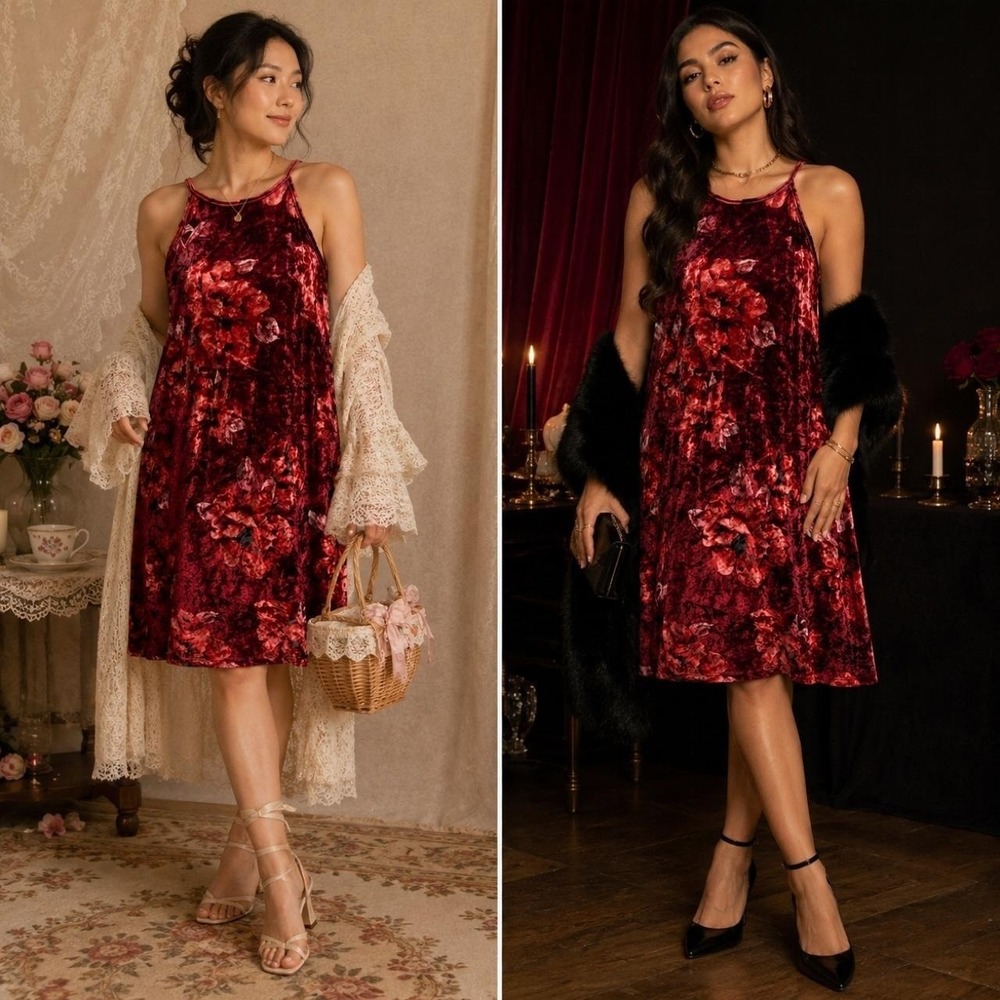 Entro Velvet Floral Shift Dress Approx M * Red Sleeveless Mini Romantic Evening